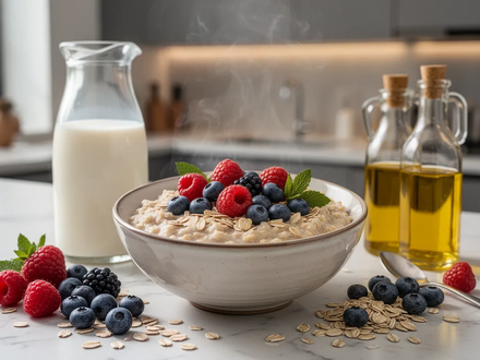 Eine Schüssel Haferbrei mit Beeren, Sojamilch und gesunden Ölen in einer modernen Küche, die gesunde Ernährung darstellt. - Foto: über boerse-global.de