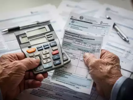 Hände einer älteren Person halten einen Taschenrechner und einen deutschen Rentenbescheid, um die Rentenbesteuerung zu verdeutlichen. - Foto: über boerse-global.de