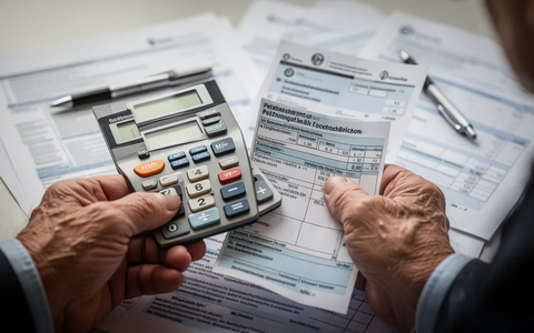 Hände einer älteren Person halten einen Taschenrechner und einen deutschen Rentenbescheid, um die Rentenbesteuerung zu verdeutlichen. - Foto: über boerse-global.de