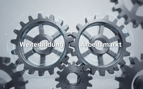 Ein stilisiertes Bild von Zahnrädern, die ineinandergreifen, eines beschriftet mit 'Weiterbildung', das andere mit 'Arbeitsmarkt'. - Foto: über boerse-global.de