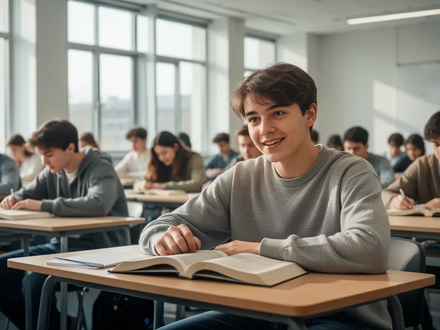 Ein Schüler konzentriert sich in einem modernen Klassenzimmer auf ein Lehrbuch, umgeben von natürlichem Licht, keine Handys sichtbar. - Foto: über boerse-global.de
