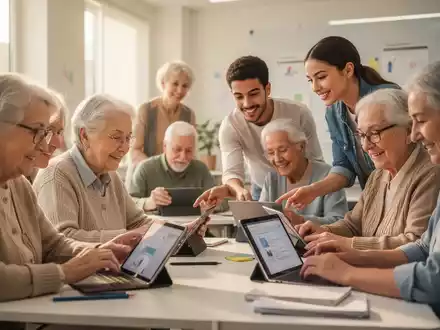 Seniors and younger adults collaboratively learning digital skills using tablets and laptops in a bright, modern classroom. - Foto: über boerse-global.de