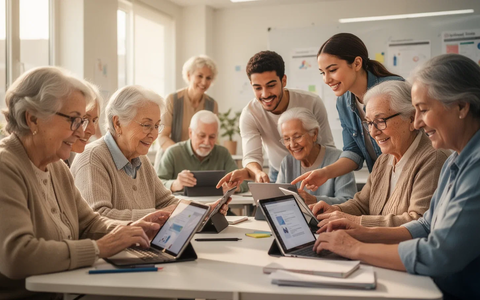 Seniors and younger adults collaboratively learning digital skills using tablets and laptops in a bright, modern classroom. - Foto: über boerse-global.de