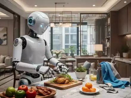 A sleek, modern humanoid robot with a minimalist design tidies books on a shelf in a brightly lit, contemporary Chinese living room. - Foto: über boerse-global.de