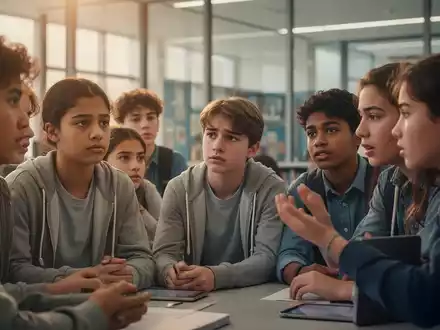 Jugendliche in einer modernen Schulumgebung, die nachdenklich wirken oder sich unterhalten, mit Fokus auf Resilienz und Unterstützung. - Foto: über boerse-global.de