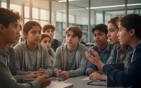 Jugendliche in einer modernen Schulumgebung, die nachdenklich wirken oder sich unterhalten, mit Fokus auf Resilienz und Unterstützung. - Foto: über boerse-global.de