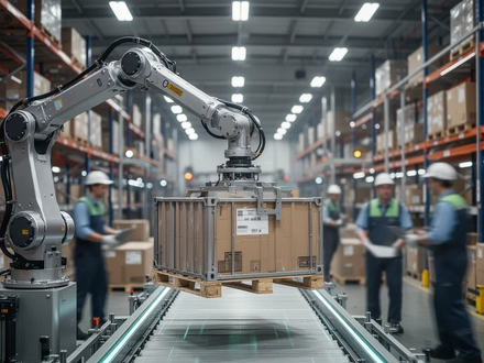 Ein Roboterarm bewegt einen Container in einem modernen Logistiklager, im Hintergrund verschwimmen menschliche Arbeiter. - Foto: über boerse-global.de