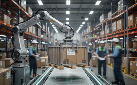 Ein Roboterarm bewegt einen Container in einem modernen Logistiklager, im Hintergrund verschwimmen menschliche Arbeiter. - Foto: über boerse-global.de