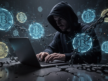 A shadowy figure in a dark hoodie typing on a laptop, surrounded by abstract digital currency symbols and broken chains. - Foto: über boerse-global.de