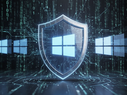 A digital shield icon hovering over abstract binary code and Windows logos, symbolizing cybersecurity protection. - Foto: über boerse-global.de
