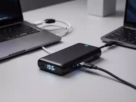 A sleek, black high-capacity laptop power bank with an integrated braided USB-C cable charging a modern laptop. - Foto: über boerse-global.de