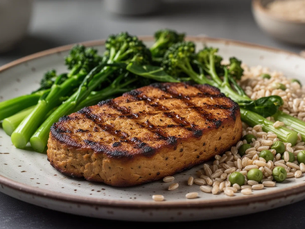 Nahaufnahme eines gegrillten Seitan-Steaks mit frischem Gemüse und Vollkornprodukten auf einem Teller, Fokus auf gesunde Ernährung. - Foto: über boerse-global.de