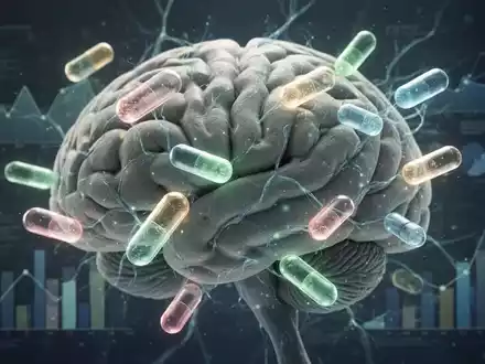 Ein stilisiertes menschliches Gehirn mit leuchtenden neuronalen Pfaden, umgeben von abstrakten, leuchtenden Medikamentenkapseln und Datenvisualisierungen. - Foto: über boerse-global.de