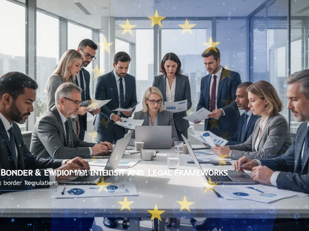 Geschäftsleute besprechen Dokumente in einem modernen Büro. Eine subtile Überlagerung von EU-Flaggenelementen und digitalen Datenströmen. - Foto: über boerse-global.de
