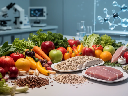 Eine Anordnung von frischen, gesunden Lebensmitteln wie Gemüse, Obst und Vollkornprodukten auf einem Tisch, mit einem verschwommenen wissenschaftlichen Hintergrund. - Foto: über boerse-global.de