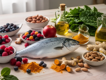 Eine Stillleben-Komposition mit entzündungshemmenden Lebensmitteln wie Fisch, Beeren, Kurkuma und Nüssen auf einem Holztisch. - Foto: über boerse-global.de