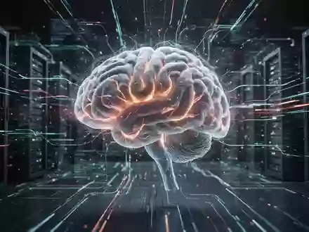 A glowing digital brain at the center of a complex network of servers and data streams, symbolizing AI development and control. - Foto: über boerse-global.de