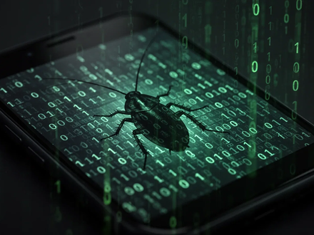 Ein Smartphone-Bildschirm zeigt binären Code mit einer digitalen Kakerakensilhouette, die eine Cyberbedrohung symbolisiert. - Foto: über boerse-global.de