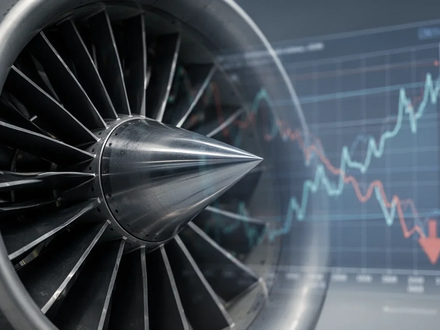 Nahaufnahme einer modernen Flugzeugturbinenschaufel, die eine unscharfe, nach unten zeigende Prognosekurve widerspiegelt. - Foto: über boerse-global.de