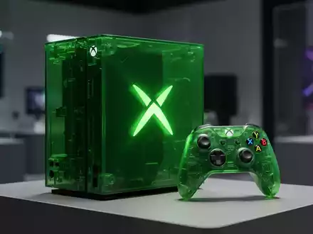 Translucent green Xbox Series X25 console and matching controller with a glowing 'X' logo on a minimalist background. - Foto: über boerse-global.de