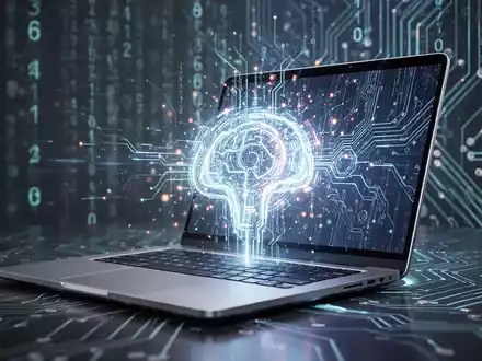 A modern laptop displaying glowing AI features, surrounded by abstract digital code and circuit board patterns. - Foto: über boerse-global.de