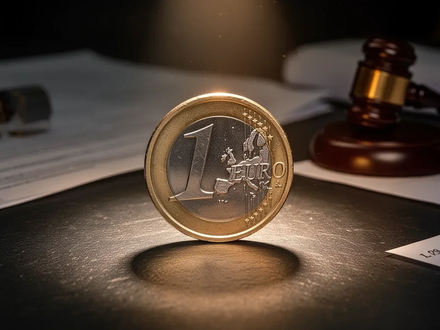 Eine einzelne Euromünze wird von einem Scheinwerferlicht auf einer dunklen Oberfläche mit verschwommenen Rechtsdokumenten und einem Hammer beleuchtet. - Foto: über boerse-global.de