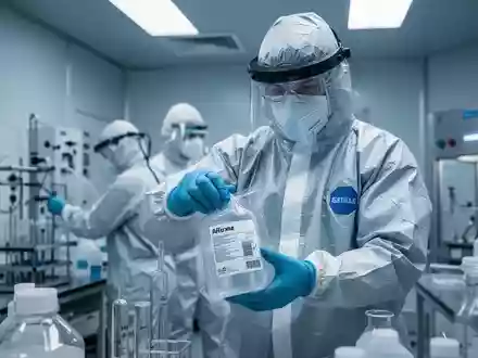 Ein Techniker in einem Schutzanzug handhabt vorsichtig einen Behälter mit Chemikalien in einem Labor, das Sicherheit betont. - Foto: über boerse-global.de