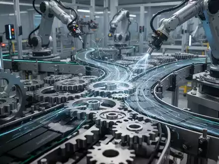 Nahaufnahme einer industriellen Lieferkette mit Zahnrädern, Förderbändern und Robotern, die eine Störung visualisiert. - Foto: über boerse-global.de