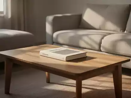 Ein minimalistisches Wohnzimmer mit einem einzelnen Buch auf einem Holztisch, im sanften Morgenlicht. - Foto: über boerse-global.de