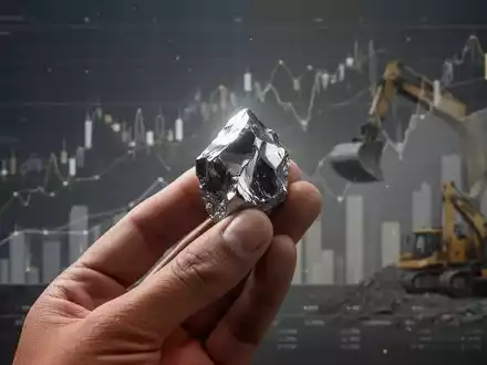 Eine Hand hält ein glänzendes Metallmineral. Im Hintergrund sind verschwommene Finanzdiagramme und Bergbauausrüstung zu sehen. - Foto: über boerse-global.de