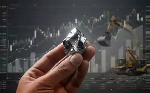 Eine Hand hält ein glänzendes Metallmineral. Im Hintergrund sind verschwommene Finanzdiagramme und Bergbauausrüstung zu sehen. - Foto: über boerse-global.de