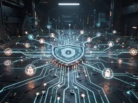 Ein stilisiertes, leuchtendes Schaltbrett mit verbundenen Knoten vor einem dunklen, futuristischen Industriehintergrund, das Cybersicherheit und Innovation darstellt. - Foto: über boerse-global.de