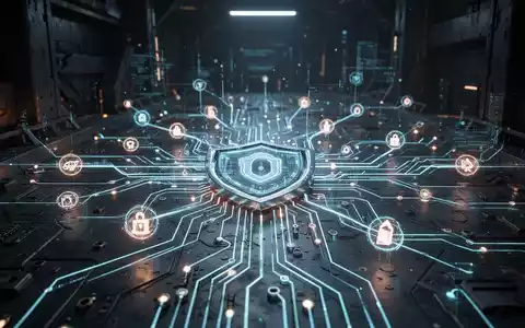 Ein stilisiertes, leuchtendes Schaltbrett mit verbundenen Knoten vor einem dunklen, futuristischen Industriehintergrund, das Cybersicherheit und Innovation darstellt. - Foto: über boerse-global.de