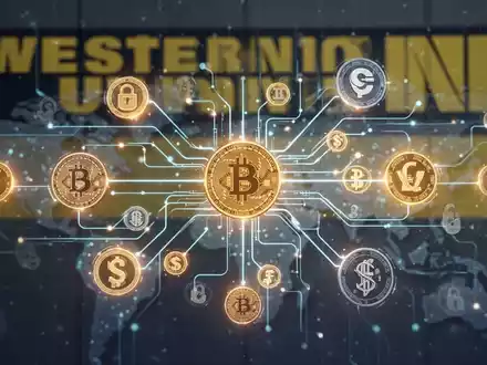 Eine digitale Darstellung einer Blockchain mit leuchtenden Linien, die Finanzsymbole und Kryptowährungssymbole verbinden, vor einem Hintergrund in den Farben von Western Union. - Foto: über boerse-global.de