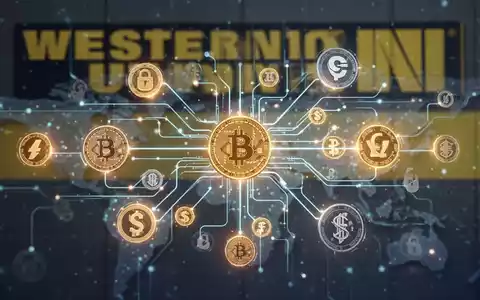 Eine digitale Darstellung einer Blockchain mit leuchtenden Linien, die Finanzsymbole und Kryptowährungssymbole verbinden, vor einem Hintergrund in den Farben von Western Union. - Foto: über boerse-global.de