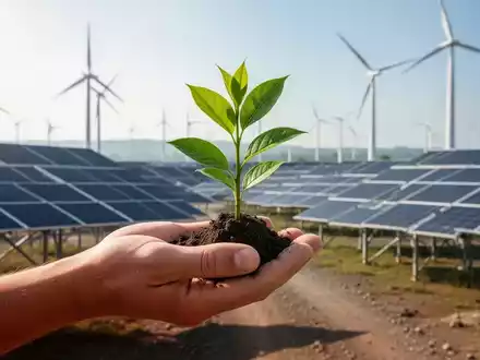 Eine Hand hält einen grünen Setzling vor einem modernen, nachhaltigen Bergbauunternehmen mit Solarpaneelen und Windturbinen. - Foto: über boerse-global.de