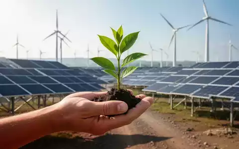 Eine Hand hält einen grünen Setzling vor einem modernen, nachhaltigen Bergbauunternehmen mit Solarpaneelen und Windturbinen. - Foto: über boerse-global.de