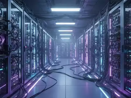 Ein futuristischer Serverraum mit leuchtenden blauen und violetten Lichtern, GPU-Clustern und komplexer Verkabelung. - Foto: über boerse-global.de