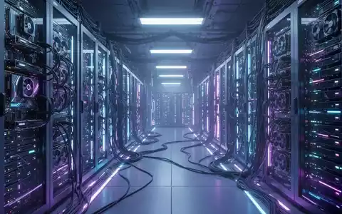 Ein futuristischer Serverraum mit leuchtenden blauen und violetten Lichtern, GPU-Clustern und komplexer Verkabelung. - Foto: über boerse-global.de