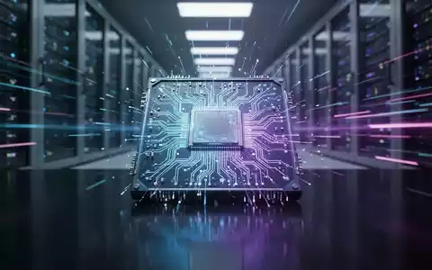 Ein futuristischer Mikrochip mit blauer und lila Schaltung auf einer reflektierenden Oberfläche vor einem unscharfen Serverraum. - Foto: über boerse-global.de
