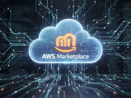Ein stilisiertes Make.com-Logo, das aus einer digitalen Wolke, die den AWS Marketplace darstellt, hervorgeht, mit Datenströmen im Hintergrund. - Foto: über boerse-global.de