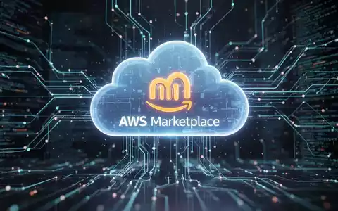 Ein stilisiertes Make.com-Logo, das aus einer digitalen Wolke, die den AWS Marketplace darstellt, hervorgeht, mit Datenströmen im Hintergrund. - Foto: über boerse-global.de