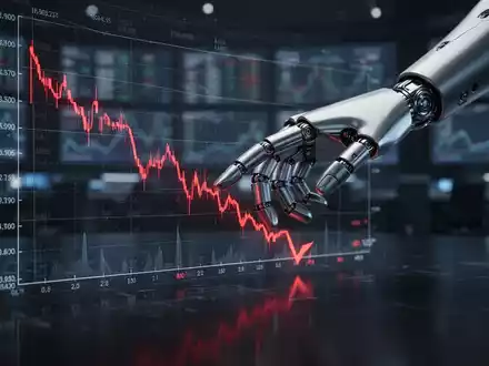 Eine Roboterhand berührt eine digitale Börsenkursgrafik, die einen starken Abwärtstrend zeigt, symbolisierend einen Finanzverlust. - Foto: über boerse-global.de