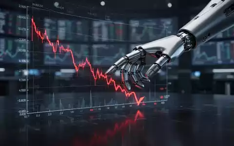 Eine Roboterhand berührt eine digitale Börsenkursgrafik, die einen starken Abwärtstrend zeigt, symbolisierend einen Finanzverlust. - Foto: über boerse-global.de