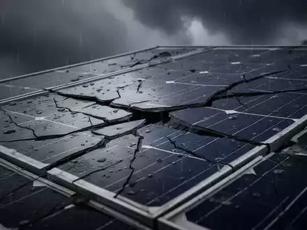 Ein beschädigtes Solarpanel unter einem dunklen, stürmischen Himmel, das einen starken Rückgang im Bereich der erneuerbaren Energien symbolisiert. - Foto: über boerse-global.de