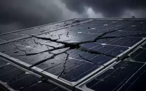 Ein beschädigtes Solarpanel unter einem dunklen, stürmischen Himmel, das einen starken Rückgang im Bereich der erneuerbaren Energien symbolisiert. - Foto: über boerse-global.de