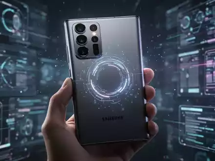 Ein futuristisches Smartphone, wahrscheinlich ein Samsung Galaxy S26 Ultra, mit einer großen Kamera und KI-Lichteffekten. - Foto: über boerse-global.de