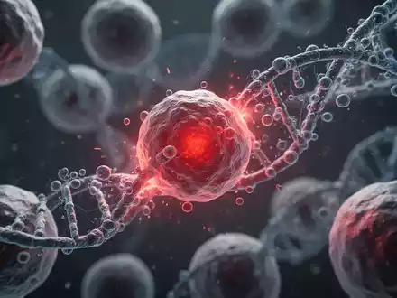Mikroskopische Darstellung menschlicher Zellen mit subtiler roter Entzündung und DNA-Strängen, die zelluläre Reparaturmechanismen andeuten. - Foto: über boerse-global.de