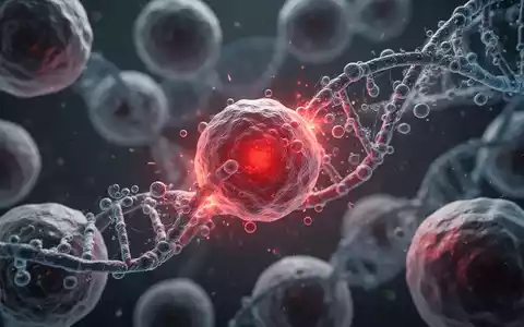 Mikroskopische Darstellung menschlicher Zellen mit subtiler roter Entzündung und DNA-Strängen, die zelluläre Reparaturmechanismen andeuten. - Foto: über boerse-global.de
