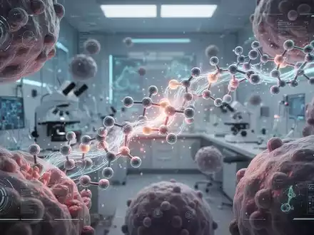 Nahaufnahme von komplexen Peptidstrukturen, die mit Zellkomponenten interagieren, symbolisch für Anti-Aging-Forschung. - Foto: über boerse-global.de